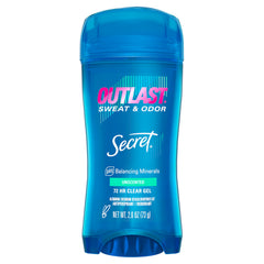 Secret Outlast bottle with clear gel demonstrates 48-hour protection for active daily routines.