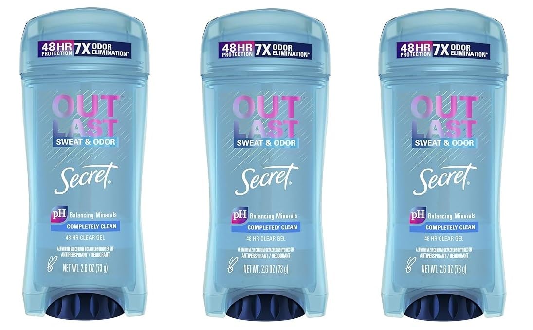 Secret Outlast Clear Gel 3-pack front view shows long-lasting odor protection.