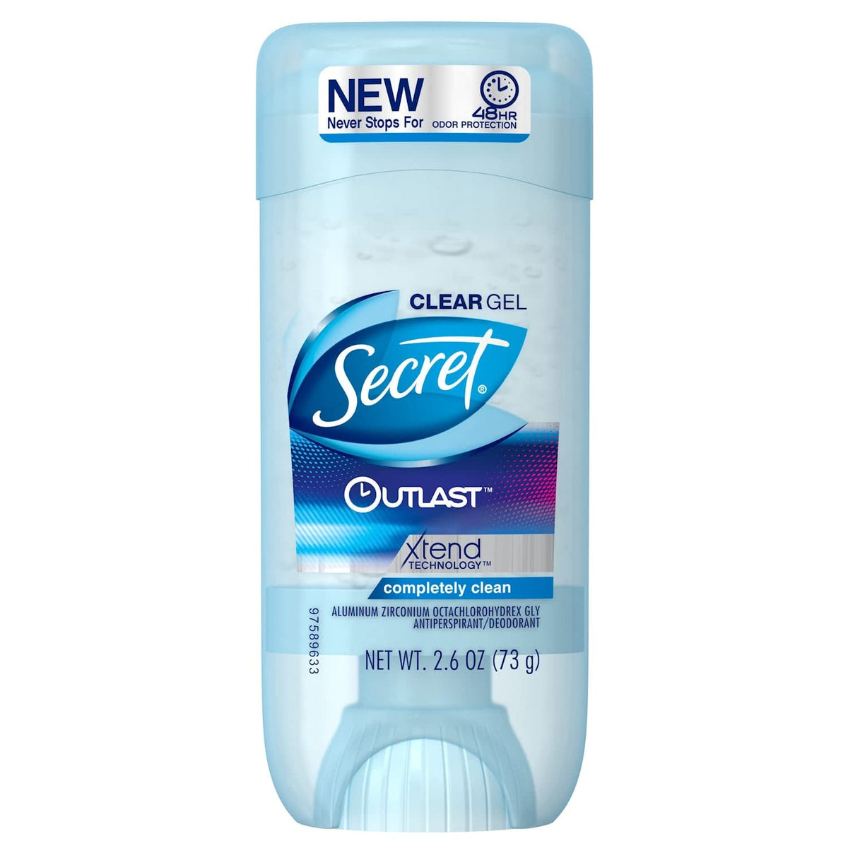 Secret Outlast clear gel bottle front view for all-day freshness.