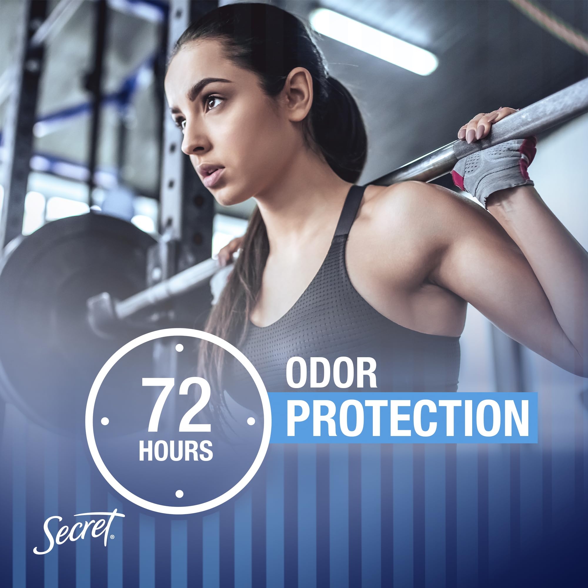 Secret Outlast fights odor-causing bacteria label shows strong defense against odors.