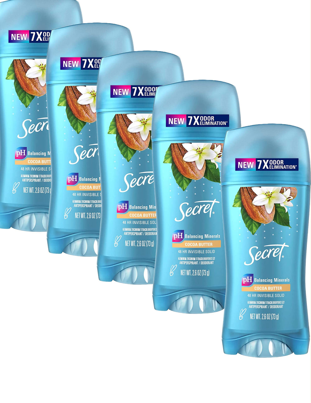 Secret Scent Expressions Coco Butter 5-pack packaging image highlights convenient travel-friendly deodorant set.