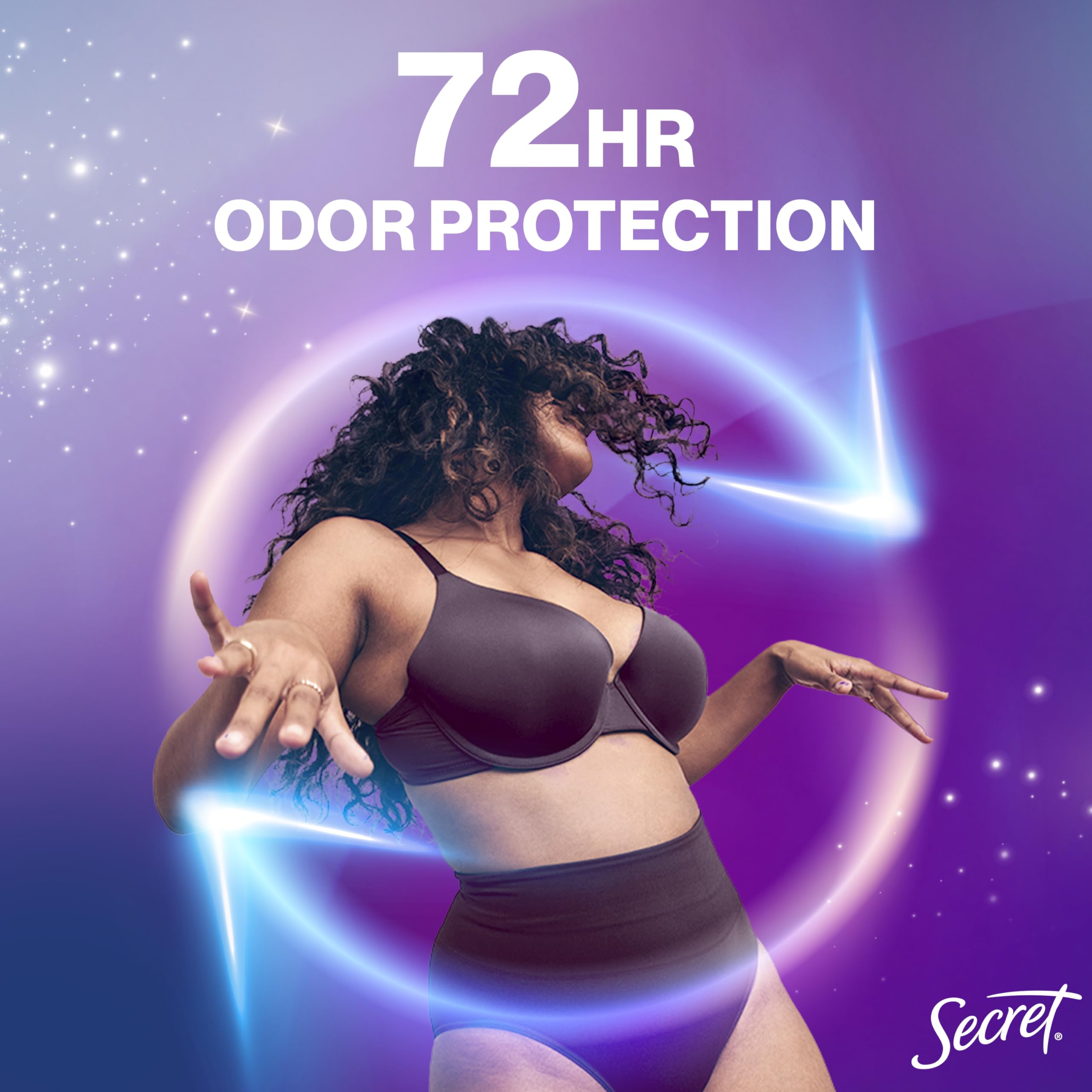 Secret Whole Body Deodorant Stick delivers 72-hour freshness throughout the day.