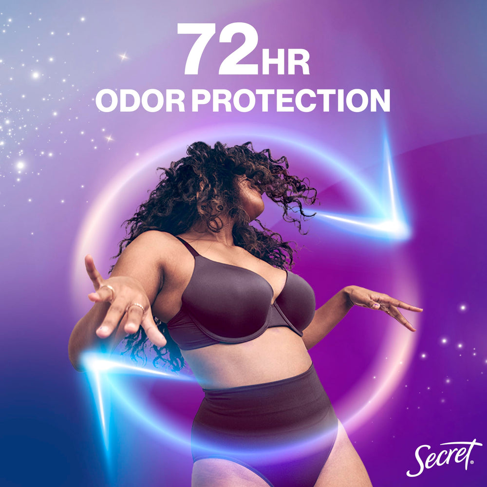 Secret Whole Body Deodorant Stick delivers 72-hour freshness throughout the day.