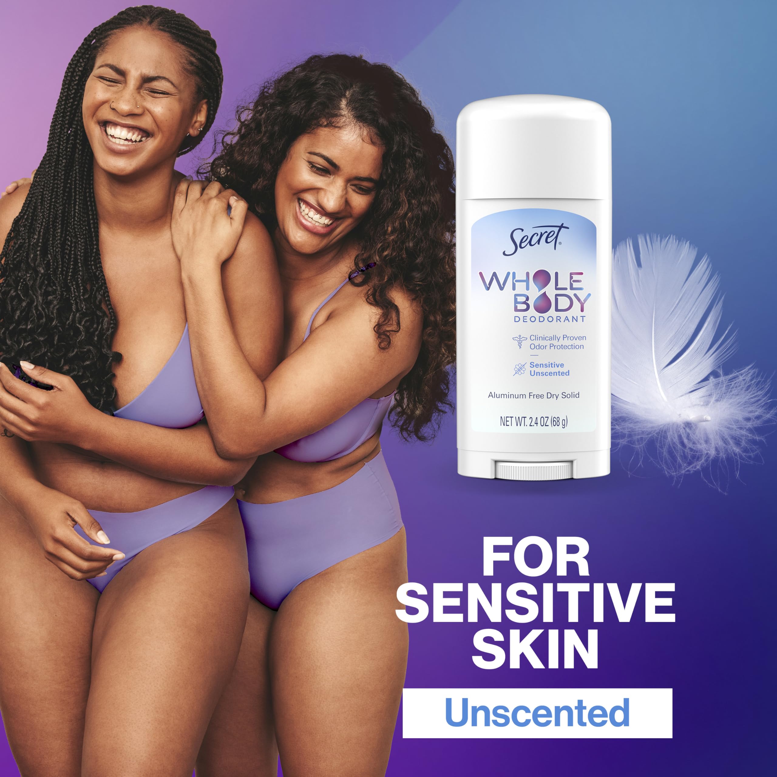 Secret Whole Body Deodorant Stick is dermatologist-tested for sensitive skin.