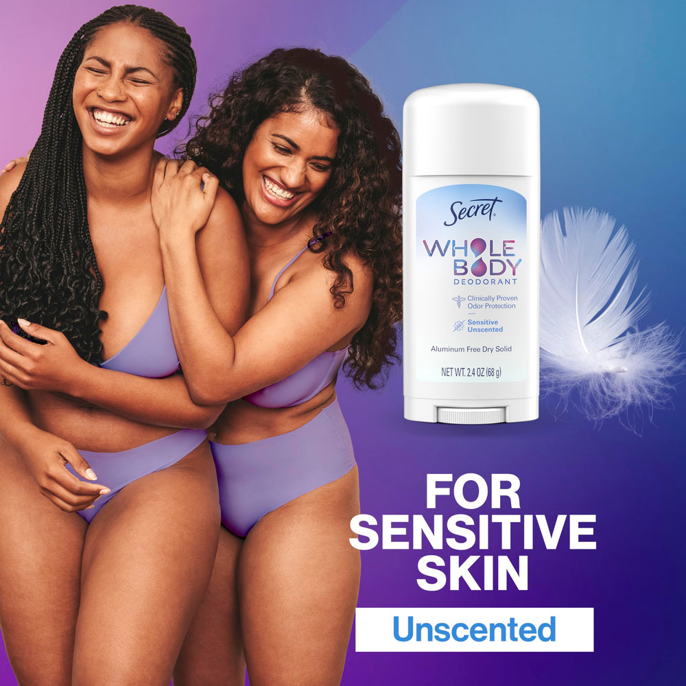 Secret Whole Body Deodorant Stick is dermatologist-tested for sensitive skin.
