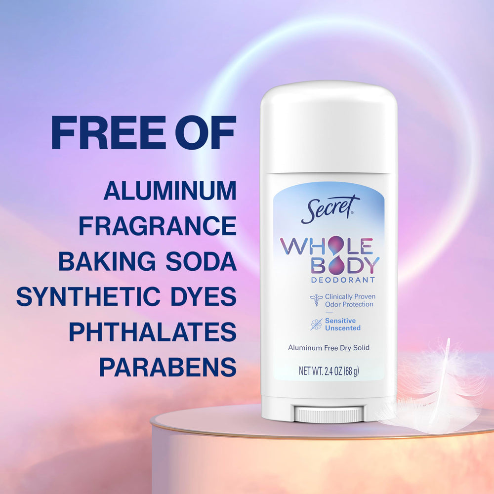 Secret Whole Body Deodorant Stick goes on clear with invisible protection.