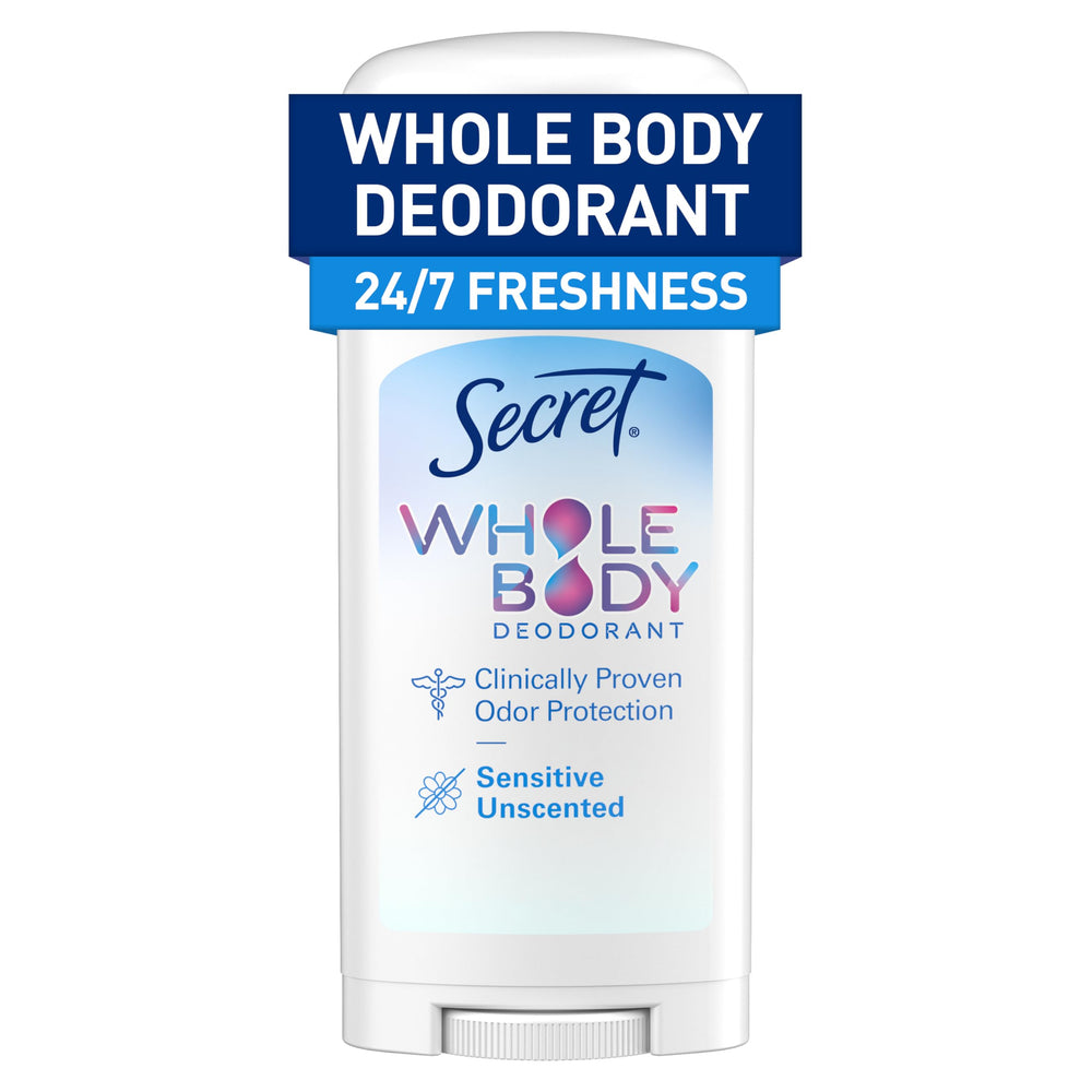 Secret Whole Body Deodorant Stick for pits provides long-lasting freshness.