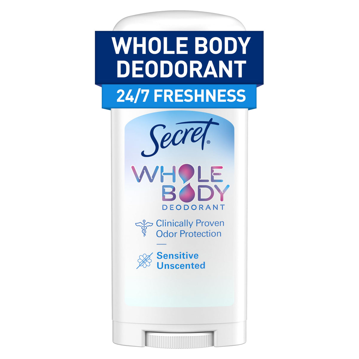 Secret Whole Body Deodorant Stick for pits provides long-lasting freshness.