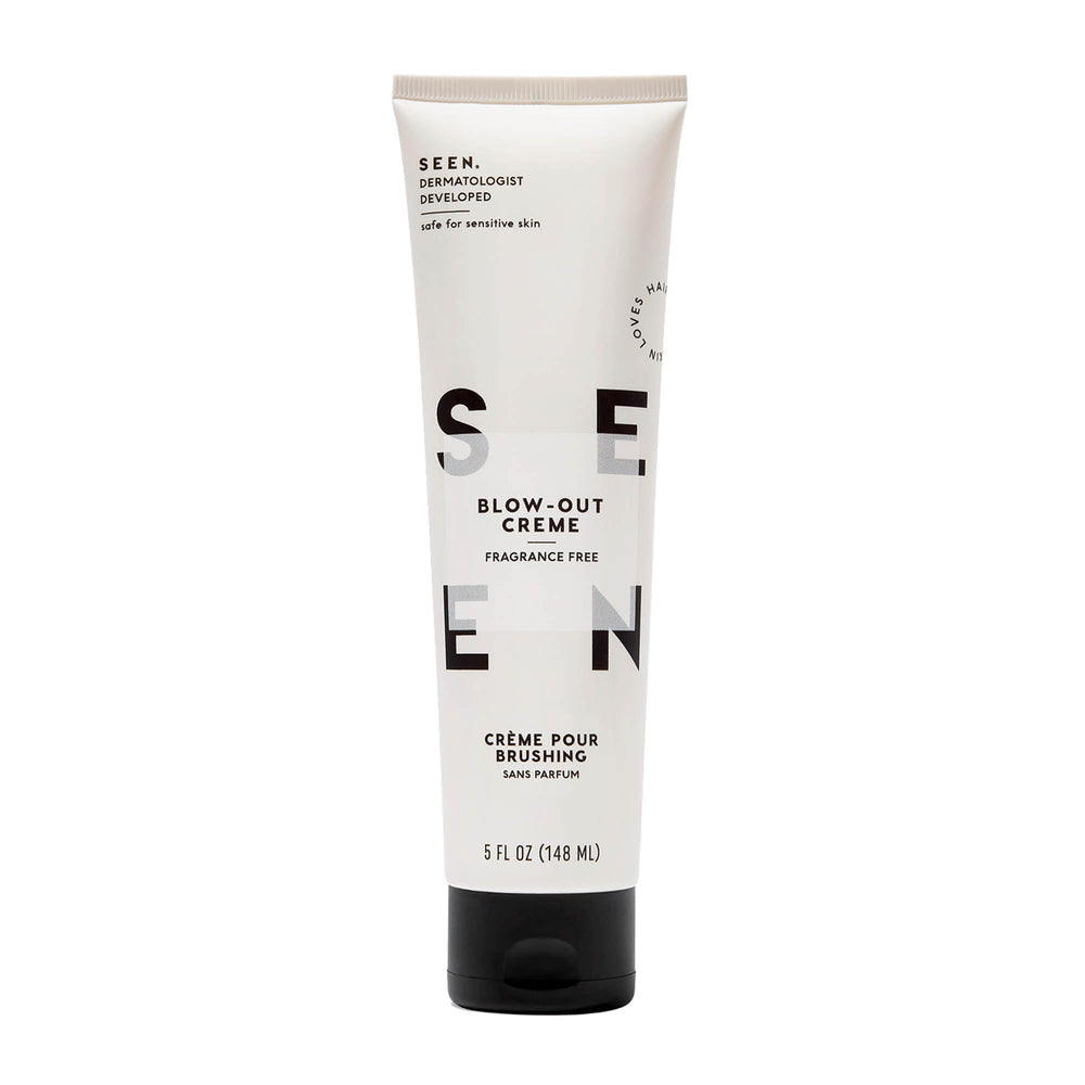 SEEN Blow-Out Creme bottle shown for fragrance-free styling and frizz control