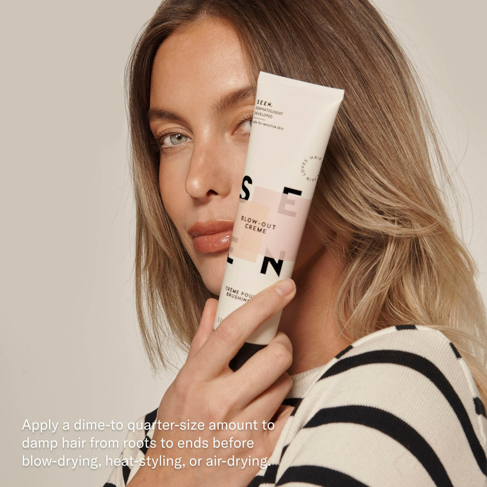 SEEN Blow-Out Creme frizz-control on damp strands promotes sleek finishes.