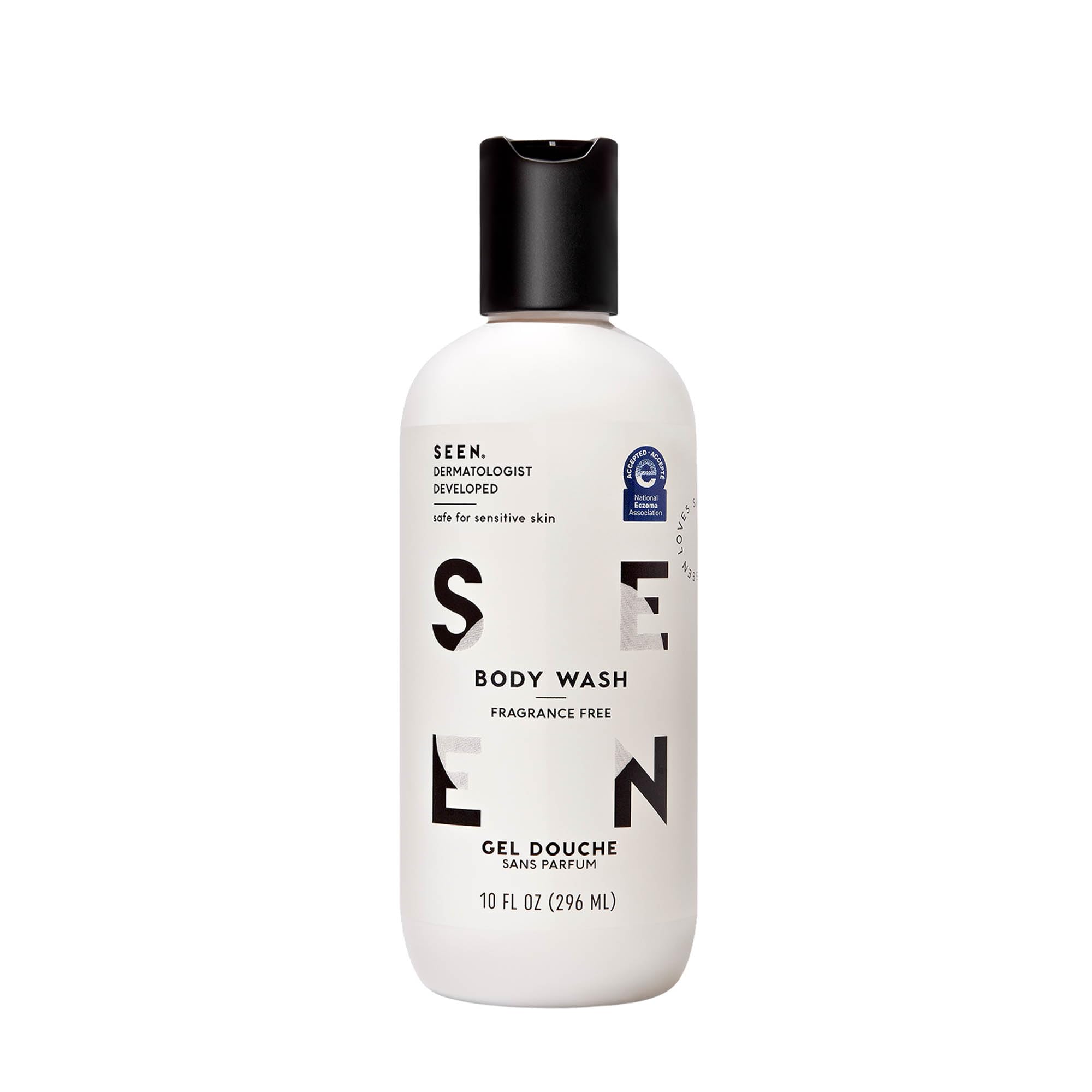 SEEN fragrance-free body wash bottle offering gentle, non-irritating cleansing for sensitive skin.
