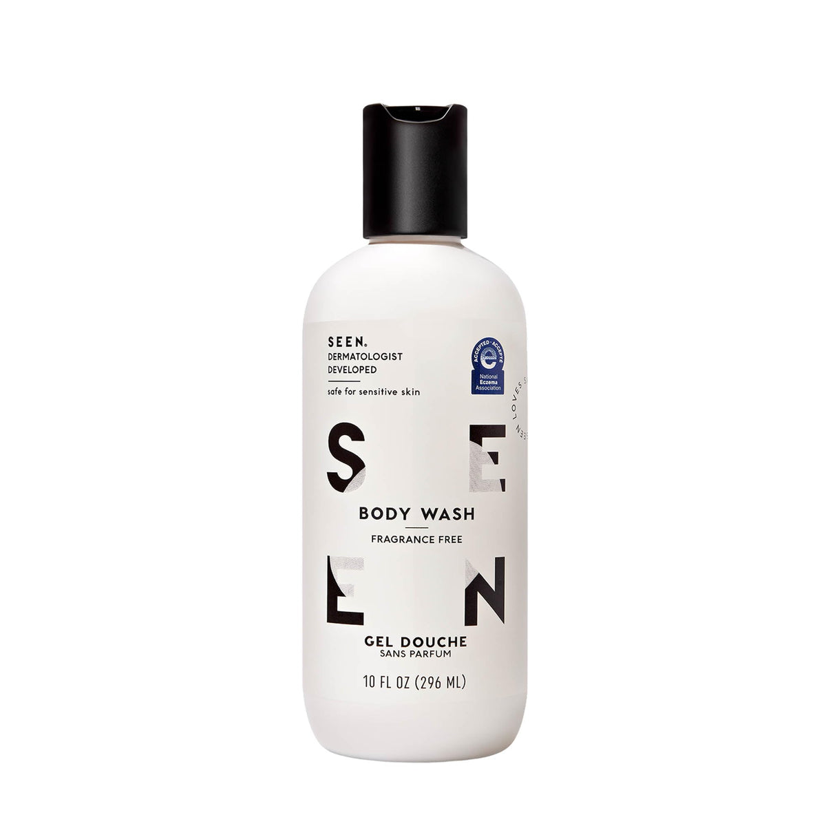 SEEN fragrance-free body wash bottle offering gentle, non-irritating cleansing for sensitive skin.