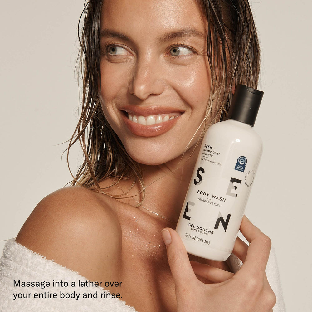 SEEN fragrance-free label highlights dermatologist-developed, safe formulation for eczema-prone skin.
