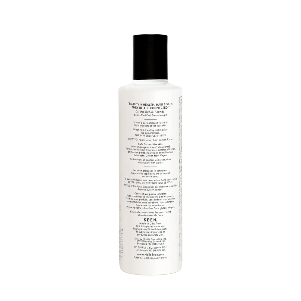 SEEN conditioner bottle-front: non-comedogenic detangling for acne-prone skin.