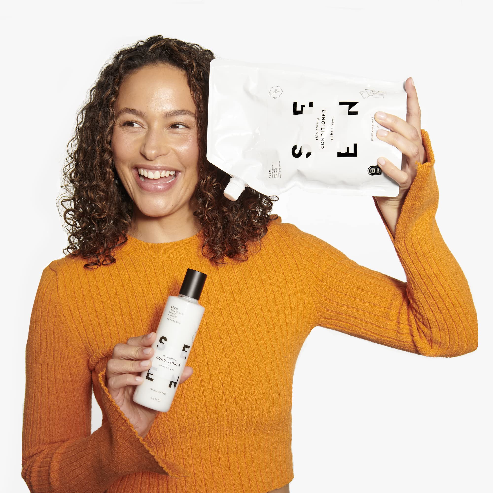 seen conditioner eco-refill fragrance-free silicone alternative smooths hair with frizz reduction.