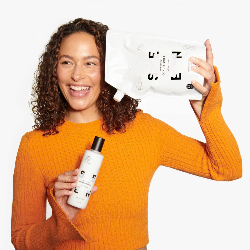 seen conditioner eco-refill fragrance-free silicone alternative smooths hair with frizz reduction.