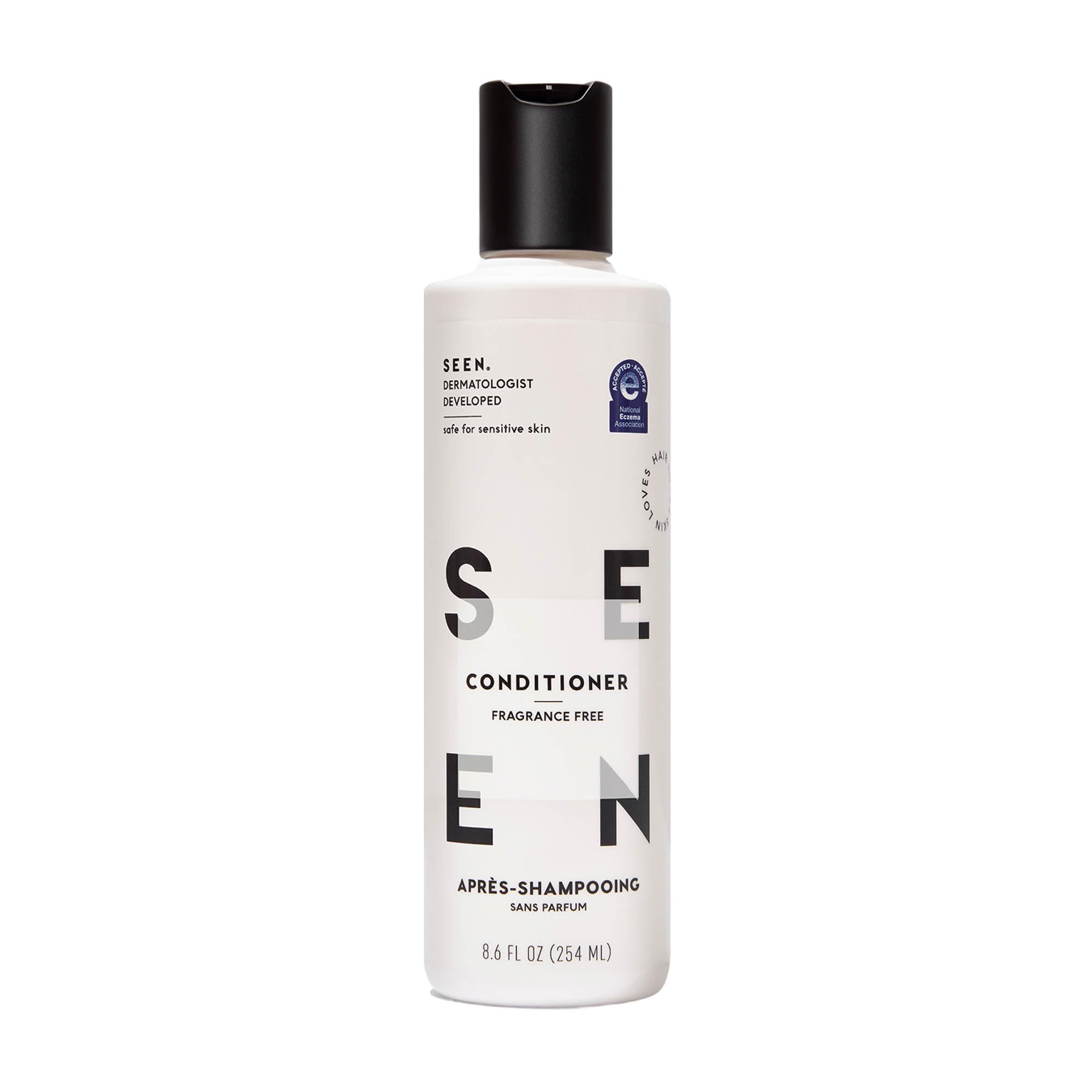 SEEN Conditioner fragrance-free bottle closeup for sensitive skin benefits