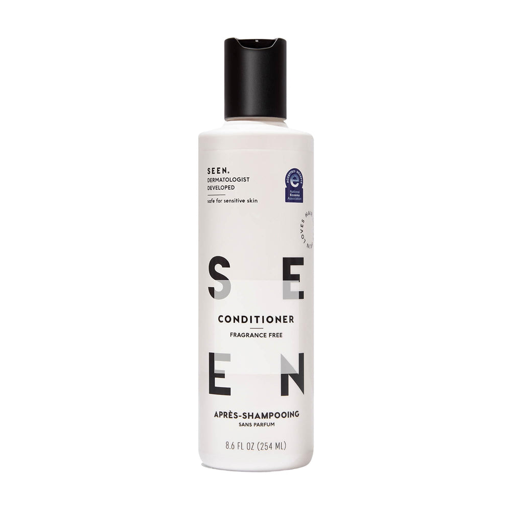 SEEN Conditioner fragrance-free bottle closeup for sensitive skin benefits