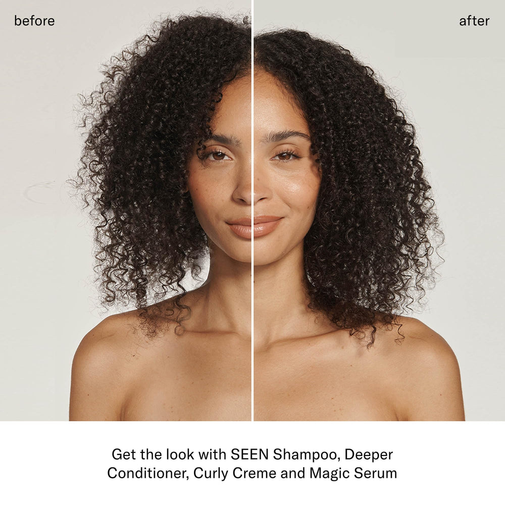 SEEN Curly Creme hands applying cream to define curls and control frizz