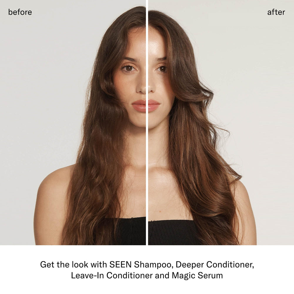 Hair texture with SEEN Deeper Conditioner fragrance-free showing smoother strands and frizz control