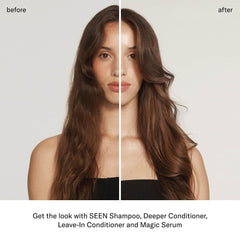 Hair texture with SEEN Deeper Conditioner fragrance-free showing smoother strands and frizz control