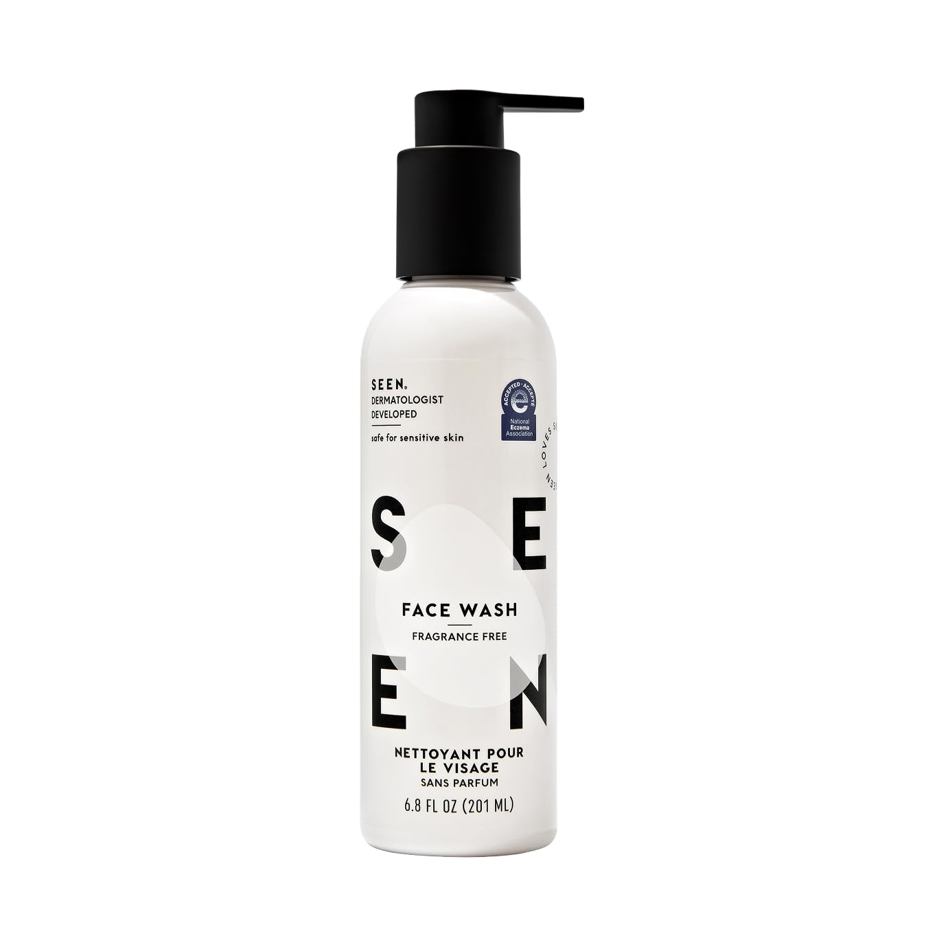 SEEN Face Wash fragrance-free bottle ready for gentle cleansing on sensitive skin