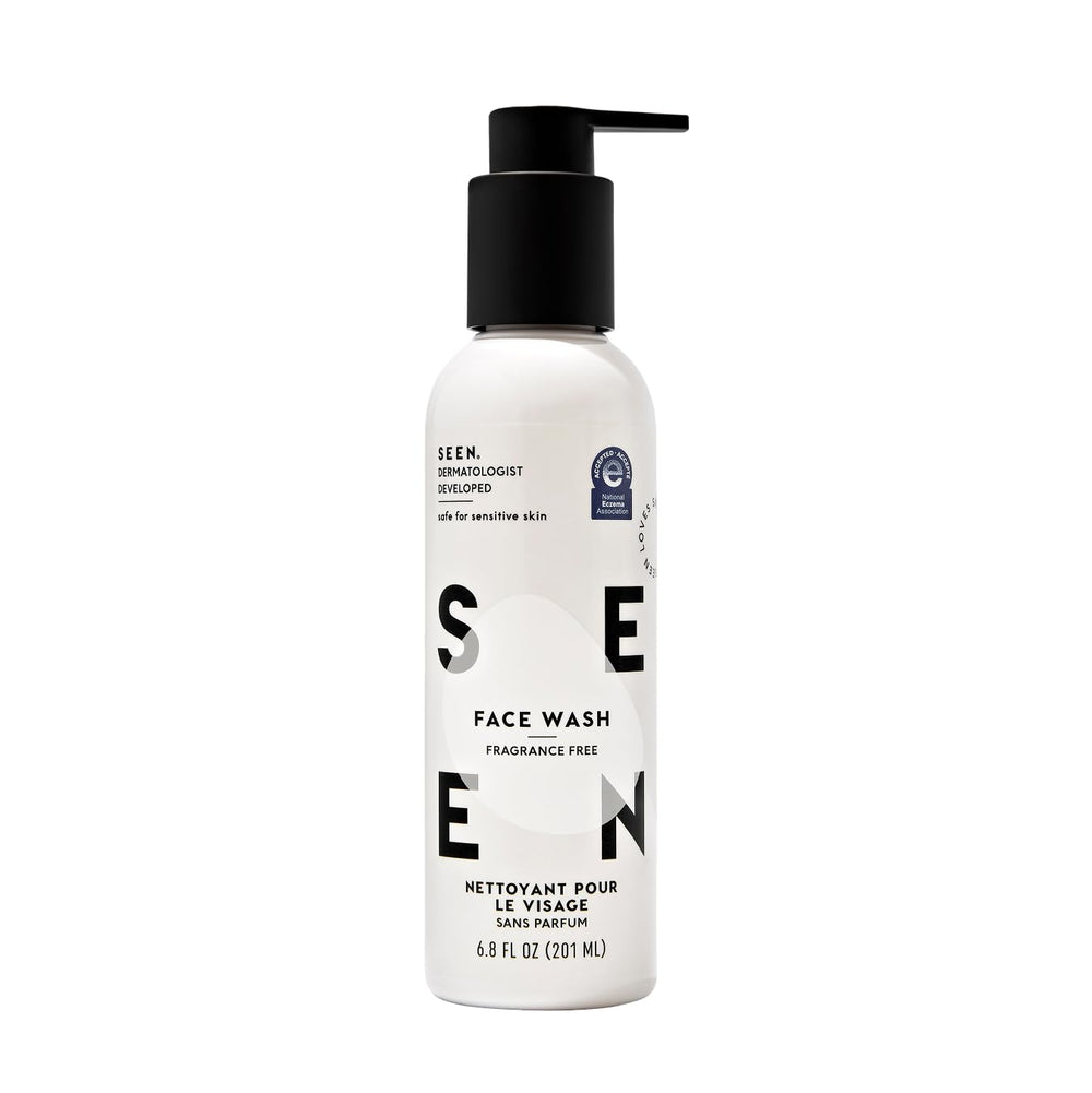 SEEN Face Wash fragrance-free bottle ready for gentle cleansing on sensitive skin
