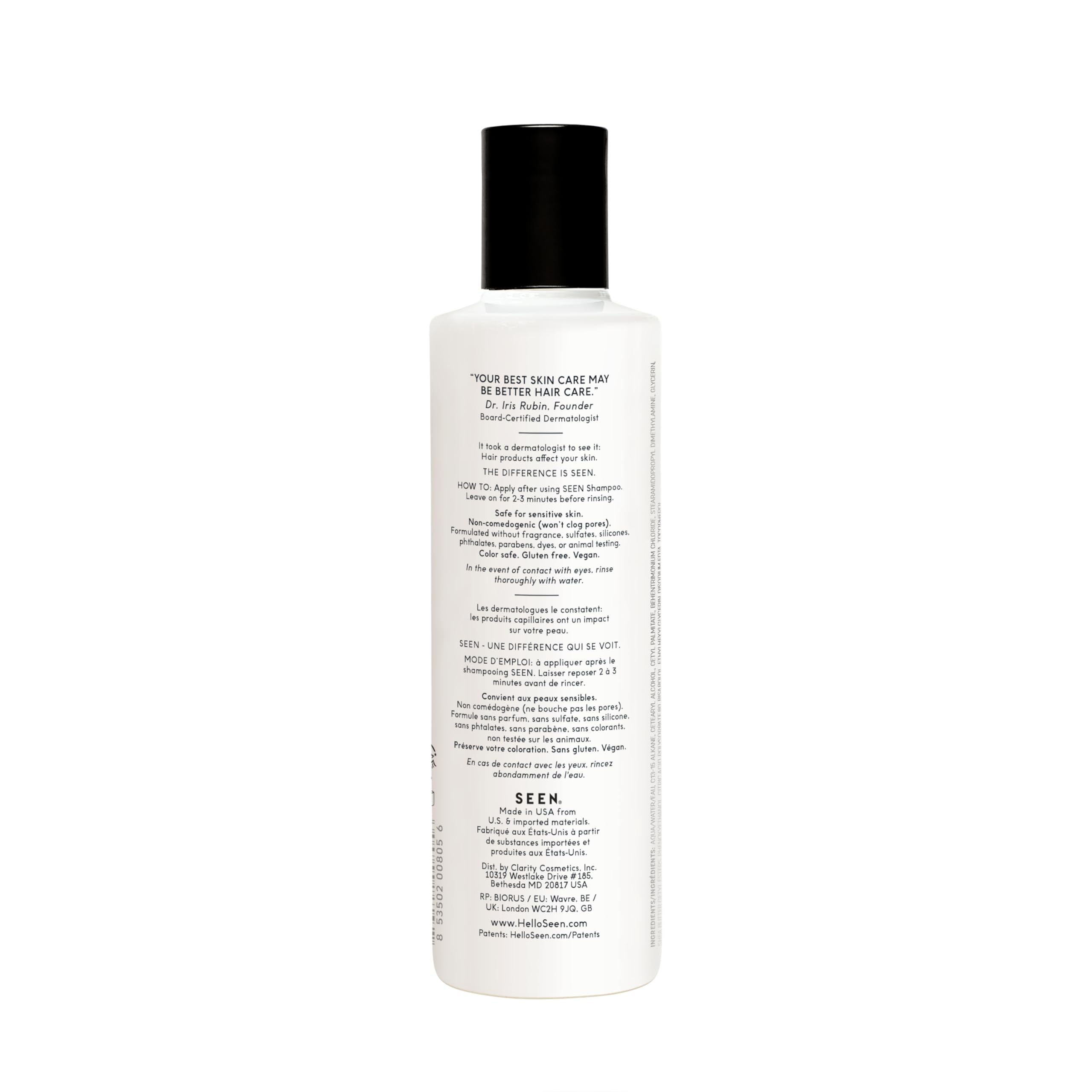 SEEN fragrance-free label close-up: sulfate- and fragrance-free for sensitive skin.