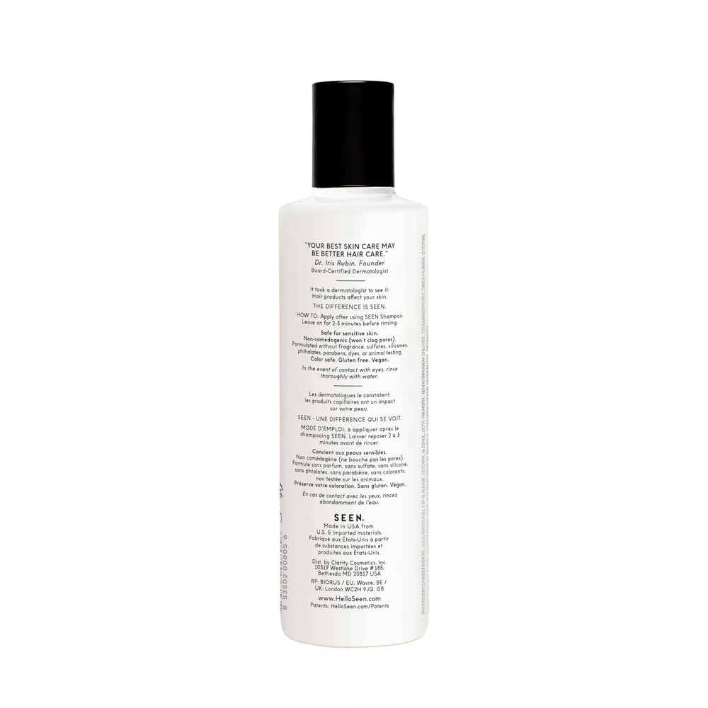 SEEN fragrance-free label close-up: sulfate- and fragrance-free for sensitive skin.