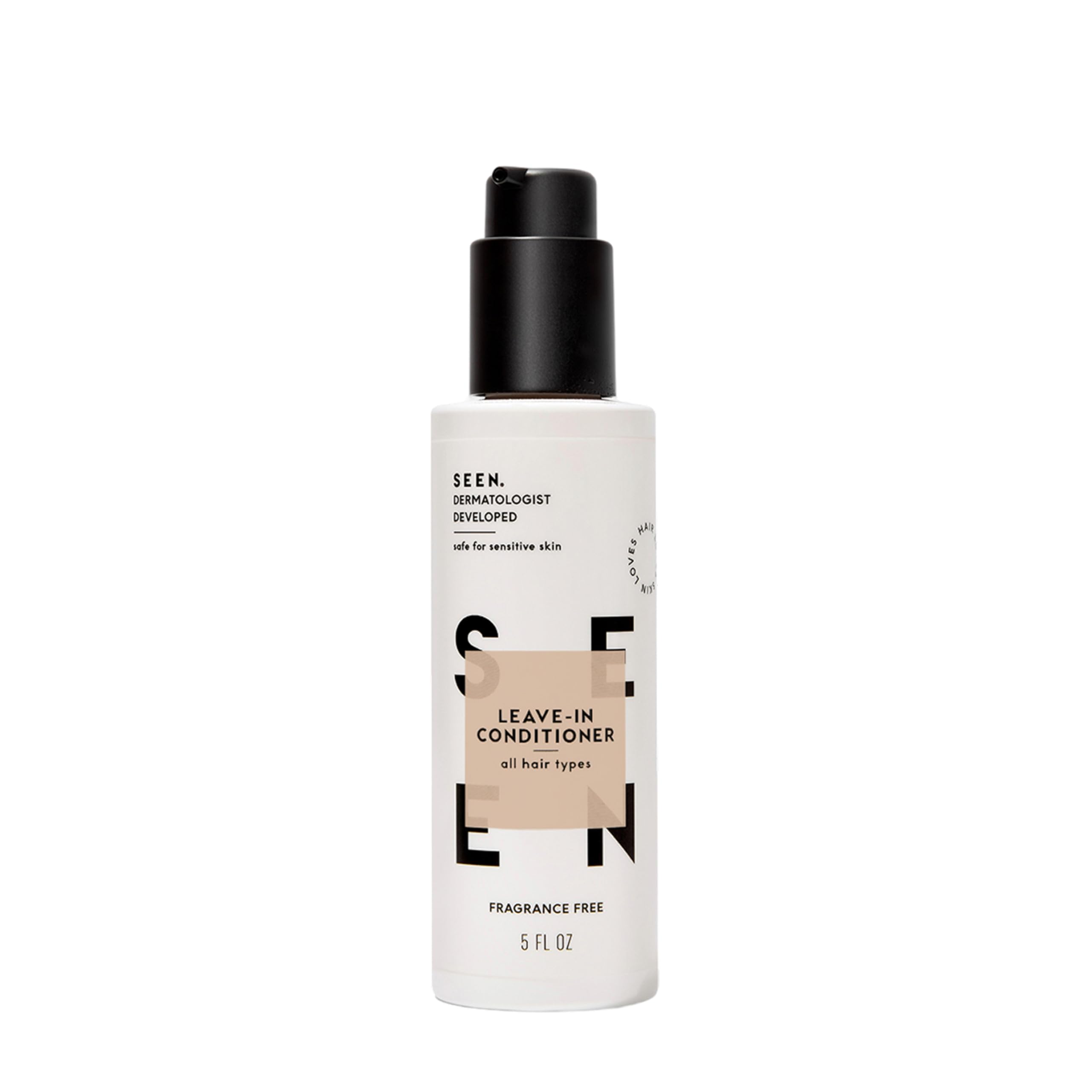SEEN Leave-In Conditioner bottle close-up highlighting lightweight hydration and frizz control.