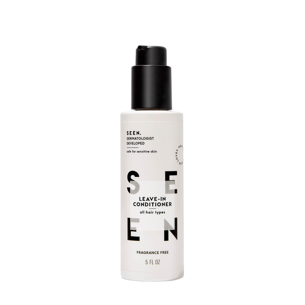 SEEN Leave-In Conditioner bottle pump shows fragrance-free formula for gentle daily hydration.