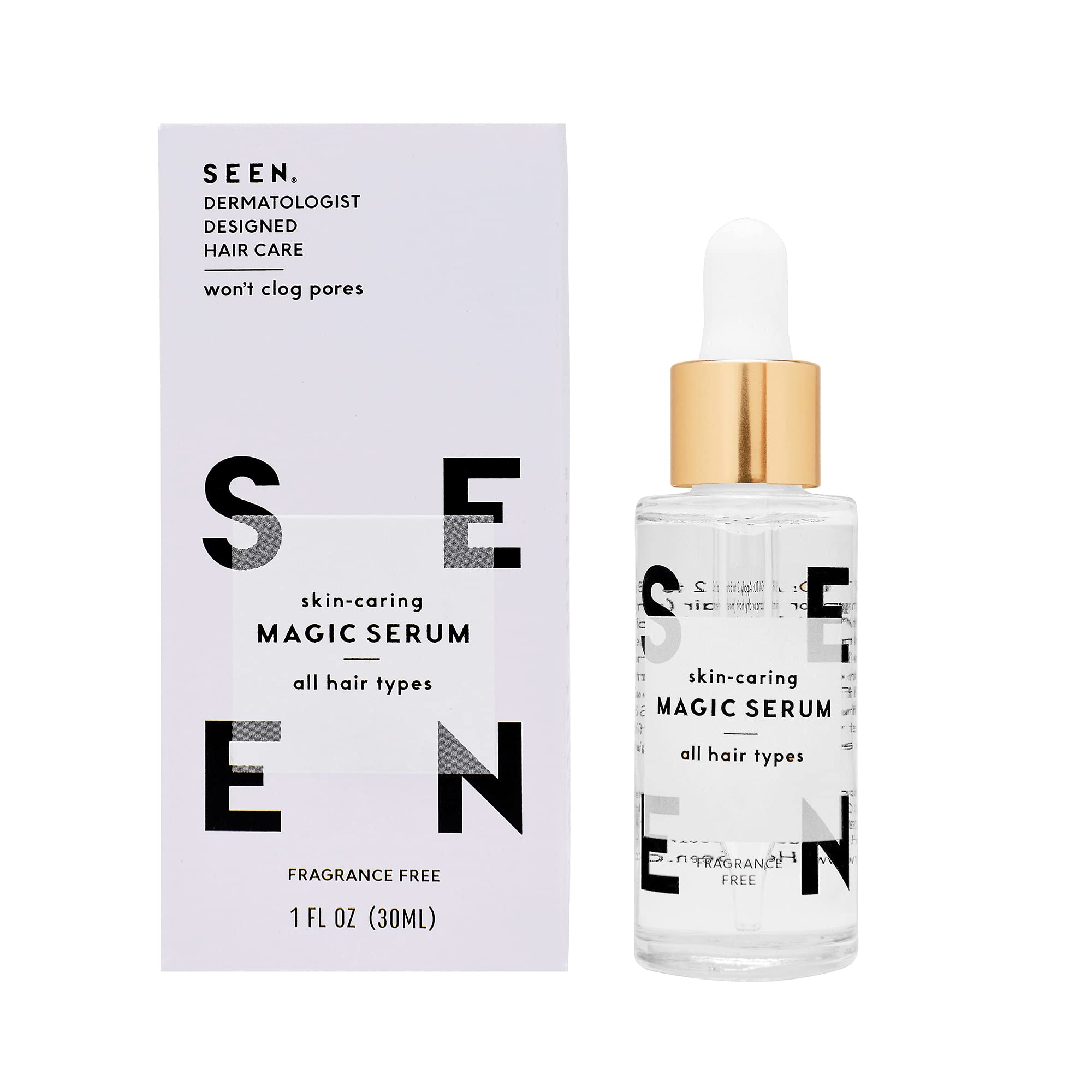 SEEN Magic Serum bottle demonstrates fragrance-free frizz control for sleek hair