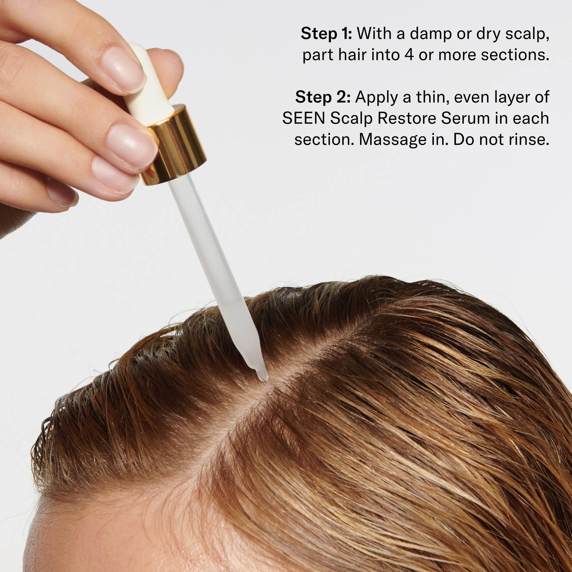 SEEN Restore Scalp Serum application on scalp — soothing hydration without residue