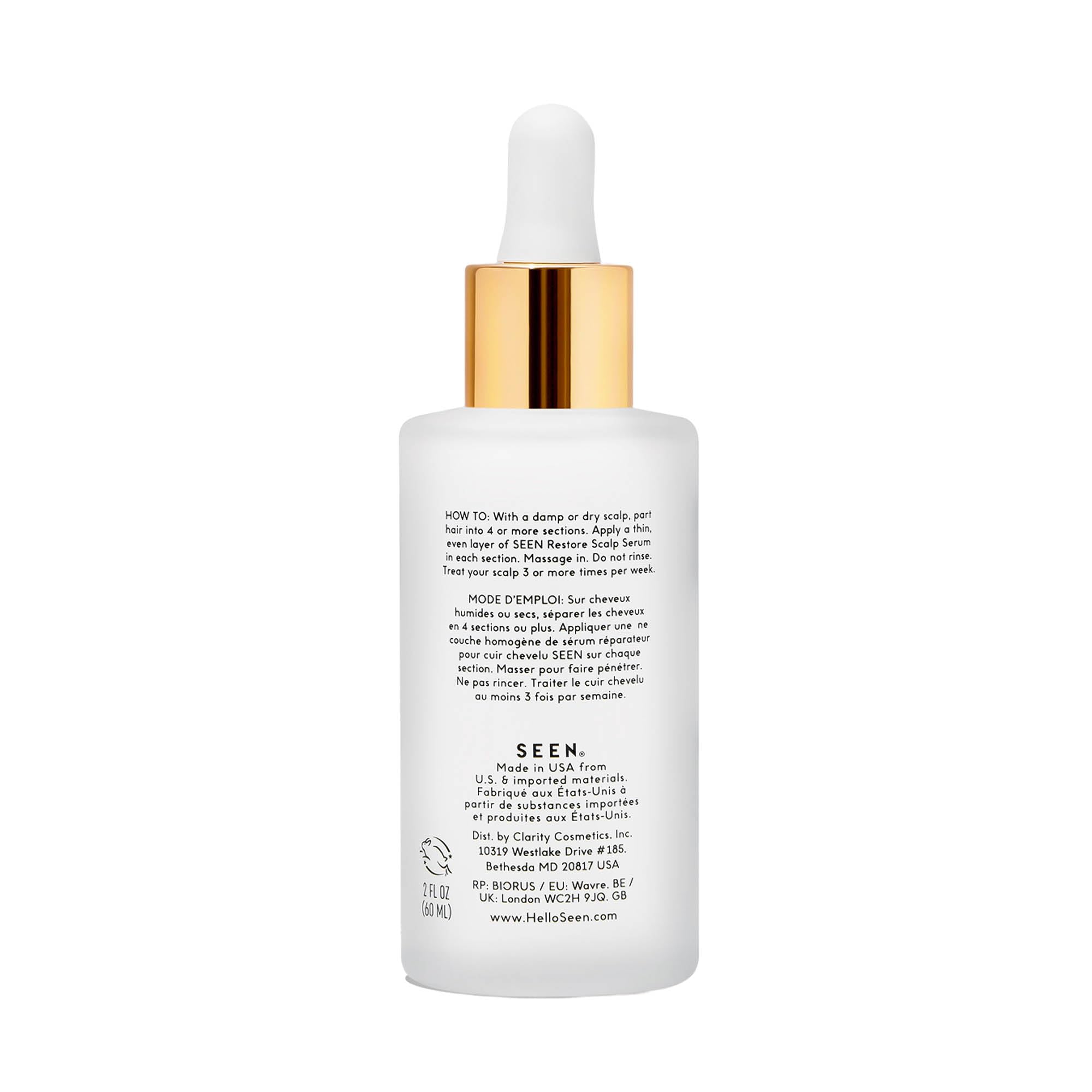 SEEN Restore Scalp Serum packaging — fragrance-free, dermatologist-developed care