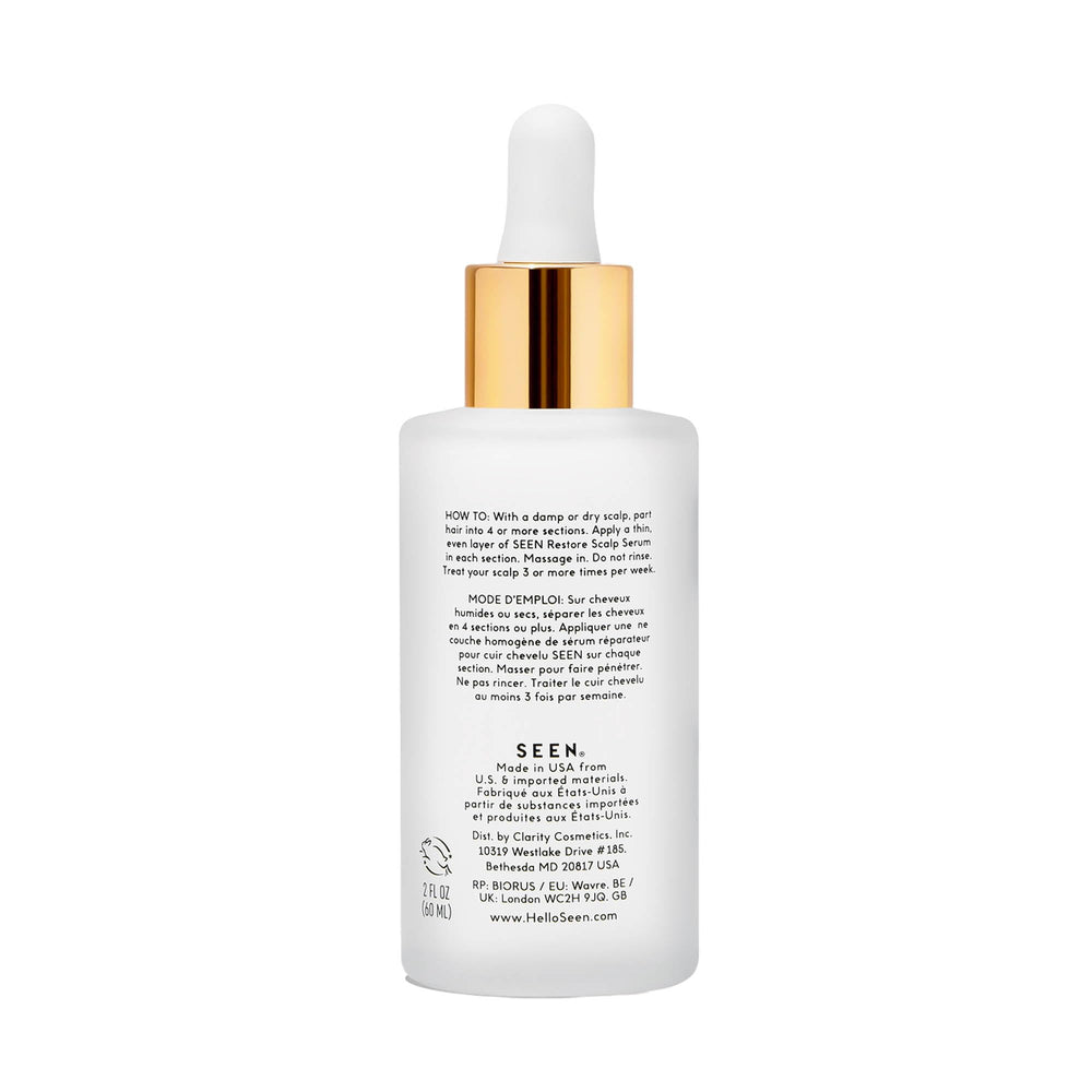 SEEN Restore Scalp Serum packaging — fragrance-free, dermatologist-developed care