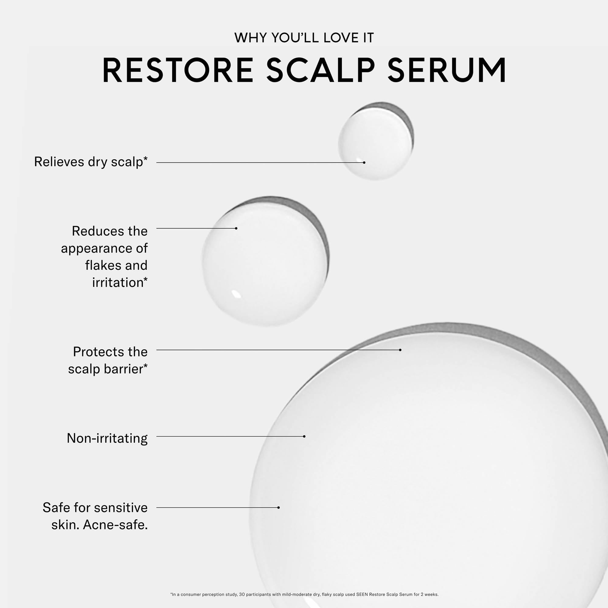 SEEN Restore Scalp Serum texture close-up — fast-absorbing, non-greasy formula