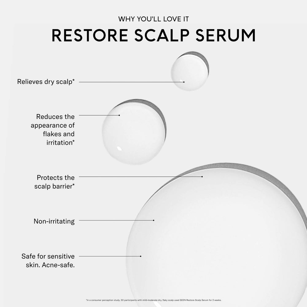 SEEN Restore Scalp Serum texture close-up — fast-absorbing, non-greasy formula