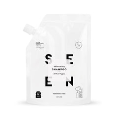 SEEN Eco-Refill shampoo bottle shows fragrance-free, skin-safe cleansing