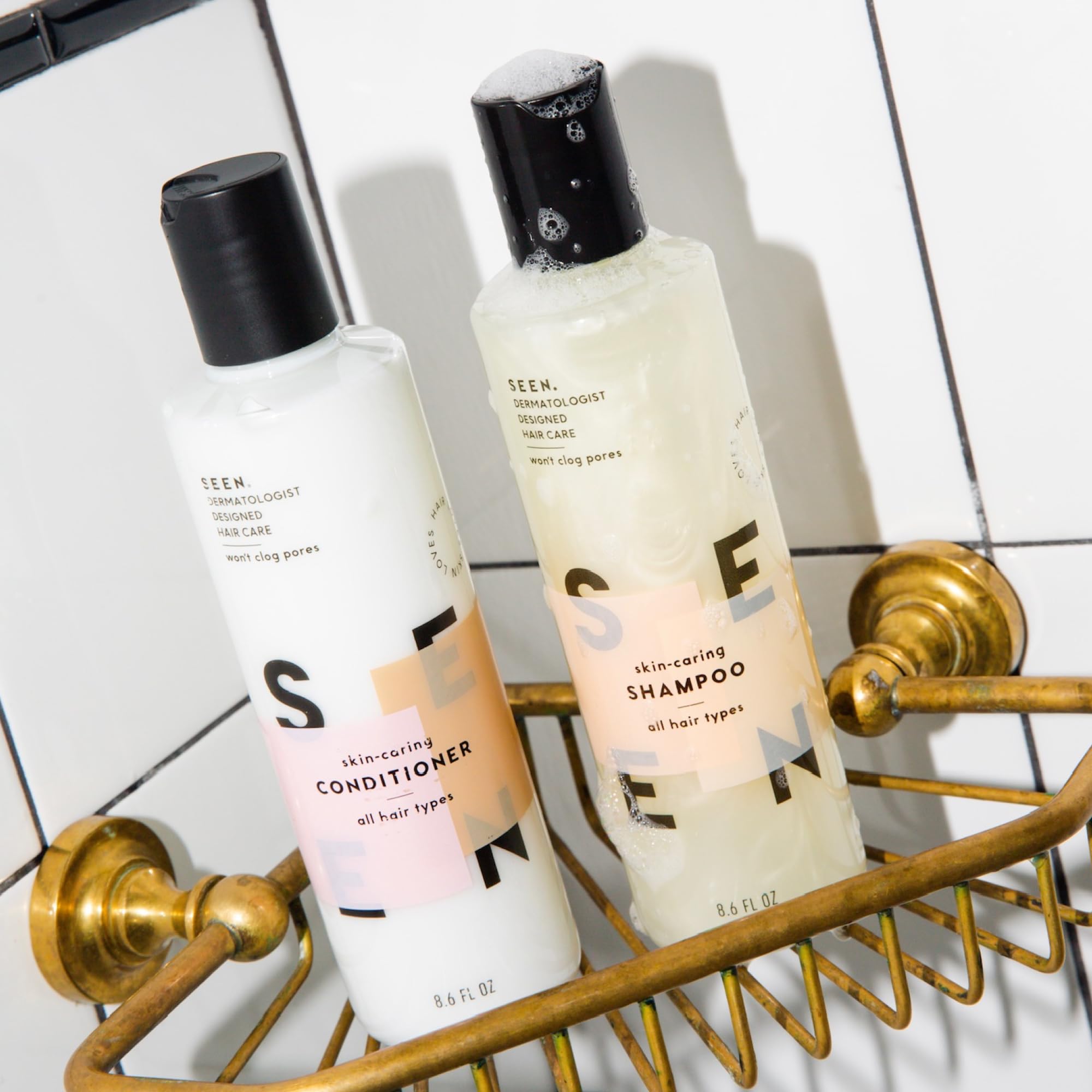 SEEN shampoo pour-action image demonstrates easy, controlled application