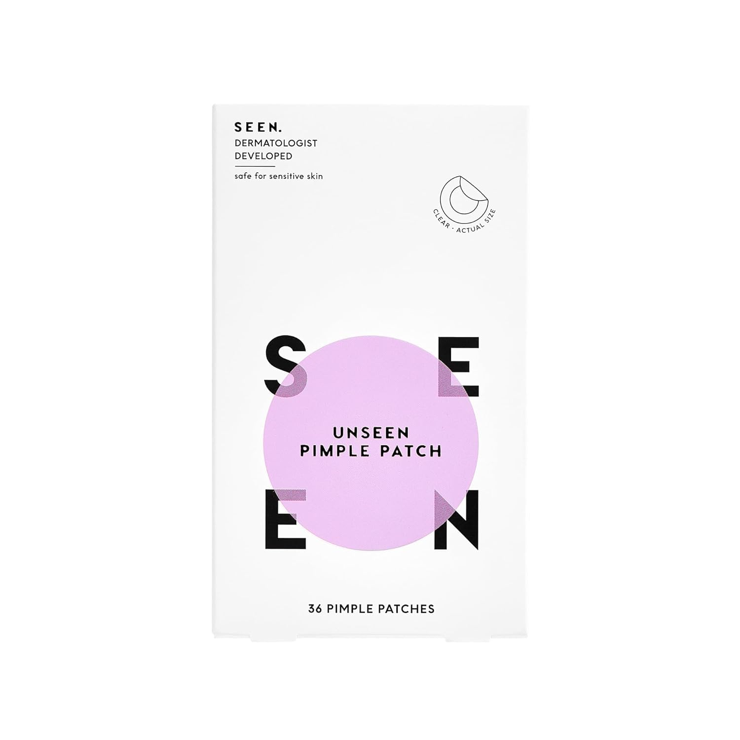 SEEN UNSEEN Pimple Patch packaging, discreet blemish protection for on-the-go skincare.