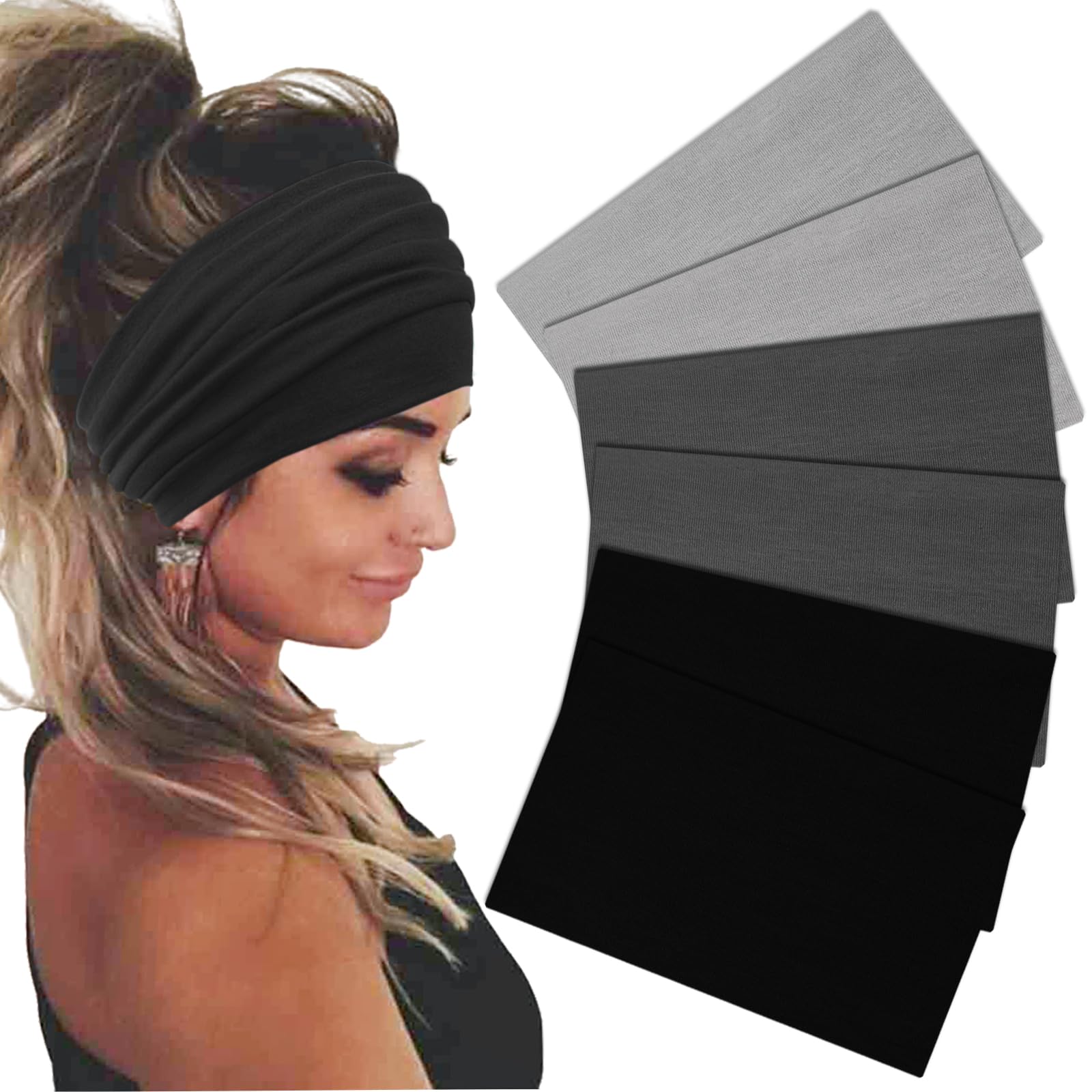 Sefiinh wide headbands in black offer all-day comfort and sweat control in a 6-pack.