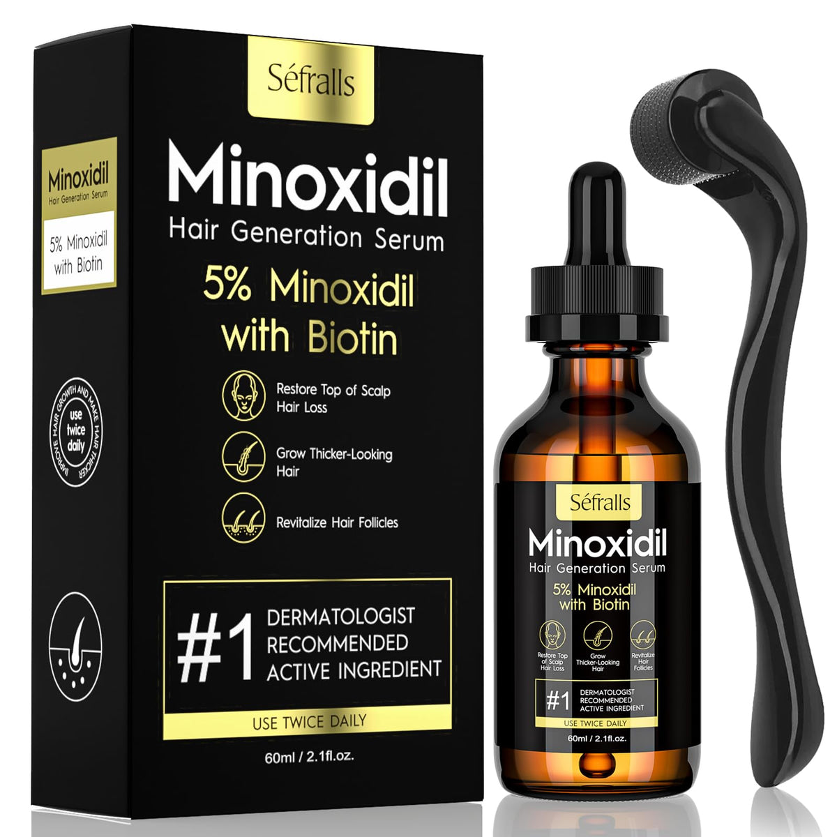 Sefralls 5% Minoxidil bottle promoting thicker hair appearance.
