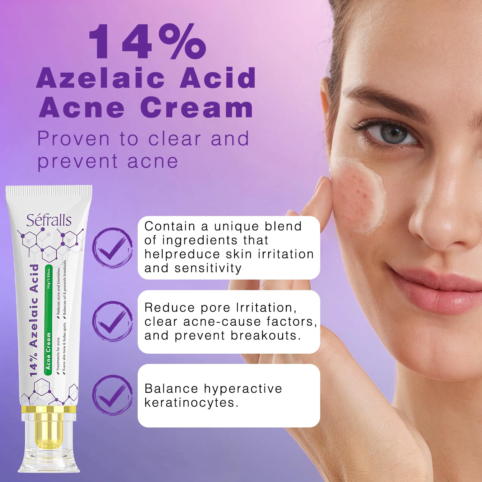 Sefralls azelaic acid cream tube side view suggests pore-friendly treatment.