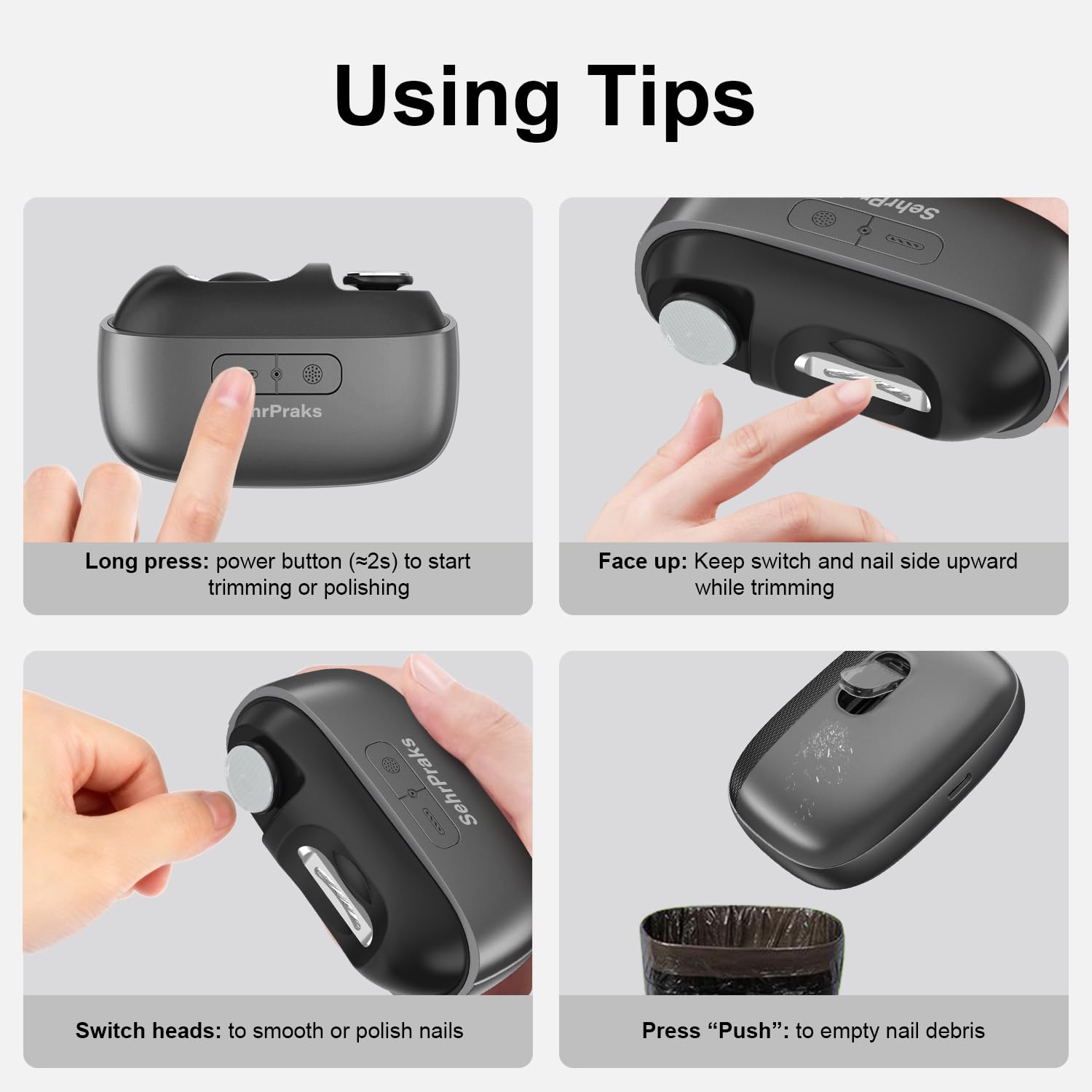 SehrPraks electric nail clipper Type-C charge enables quick, convenient recharging.