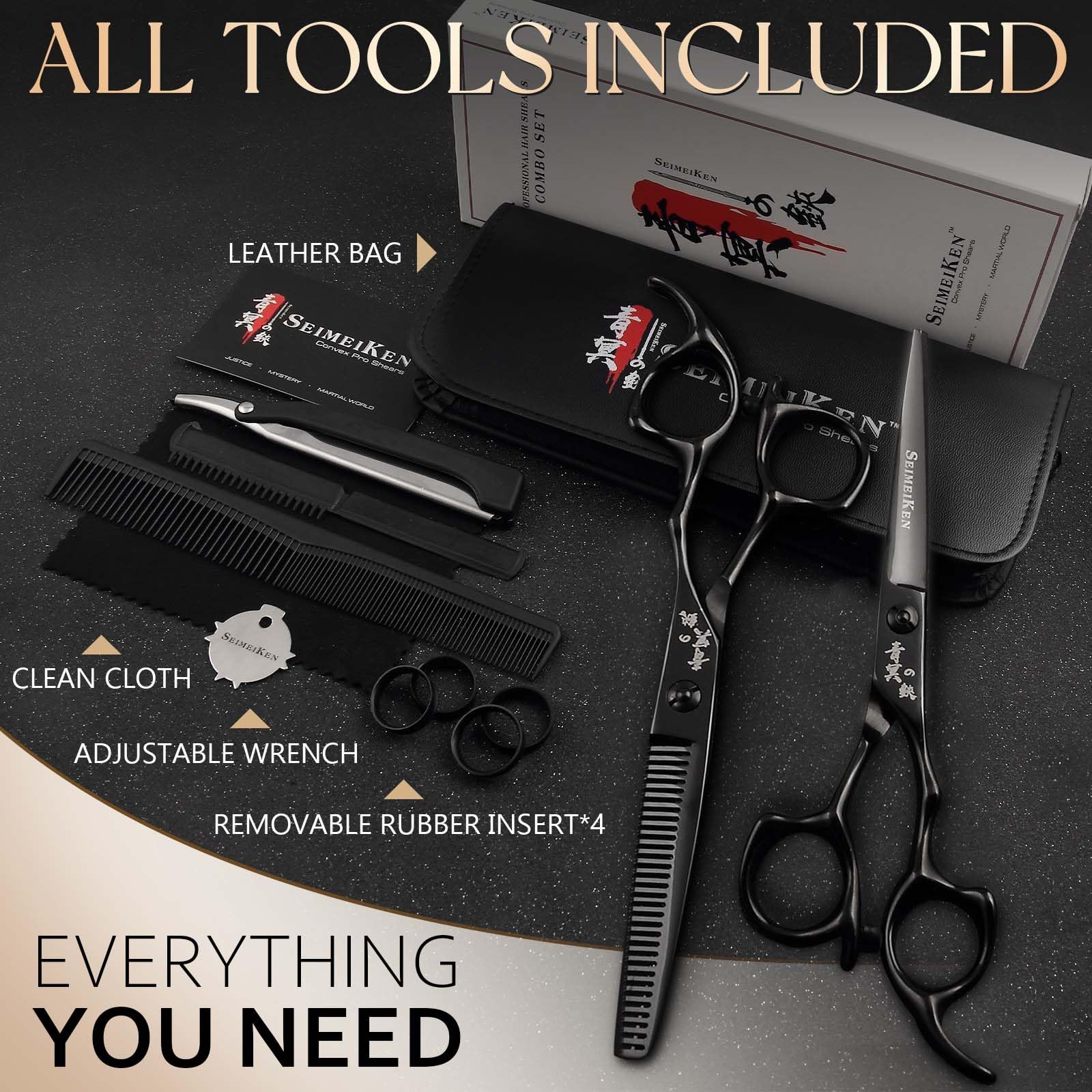 SEIMEIKEN 6in black hair scissors close-up highlights precision near wet or dry hair.