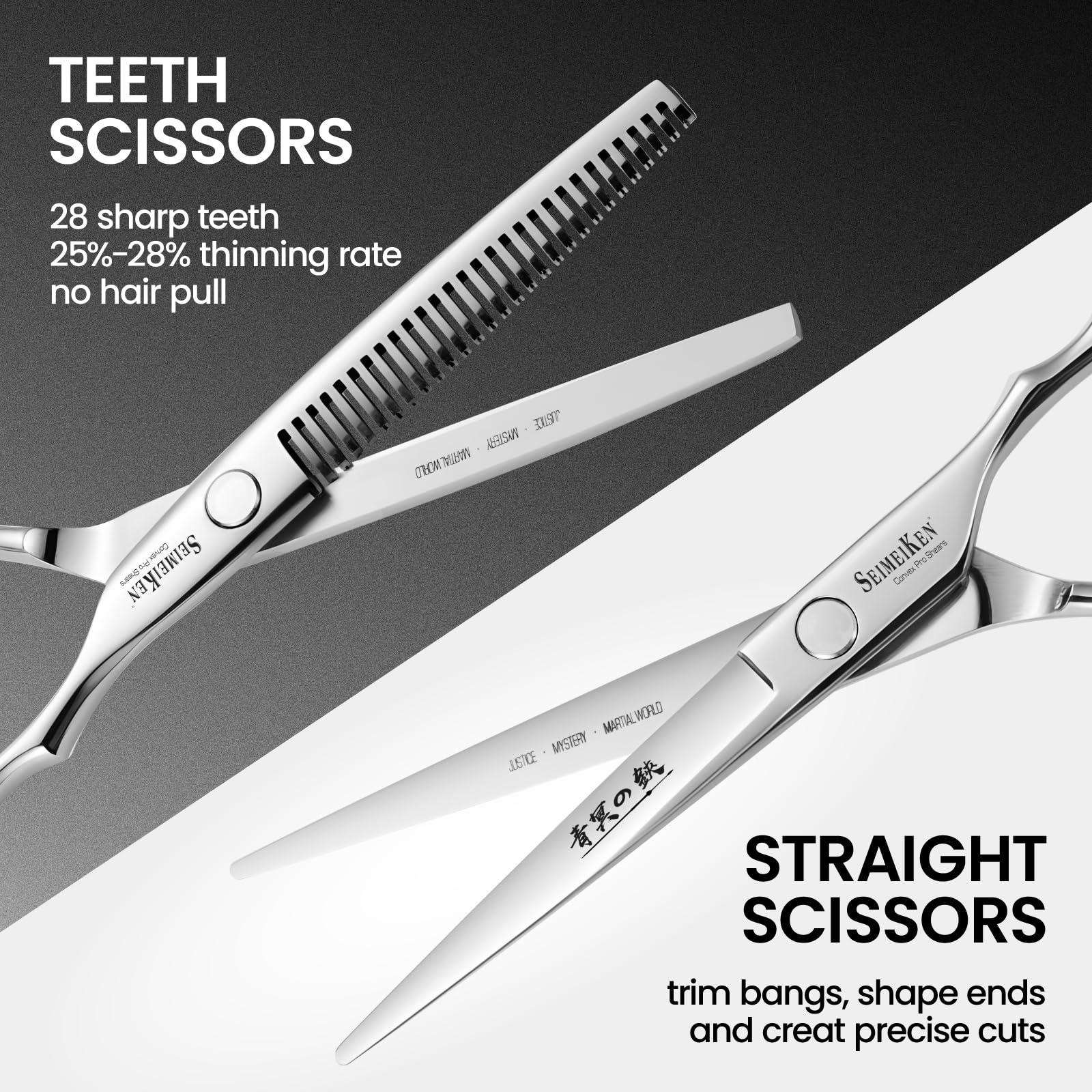 SEIMEIKEN hair cutting scissors kit side view highlights ergonomic grip for comfort.