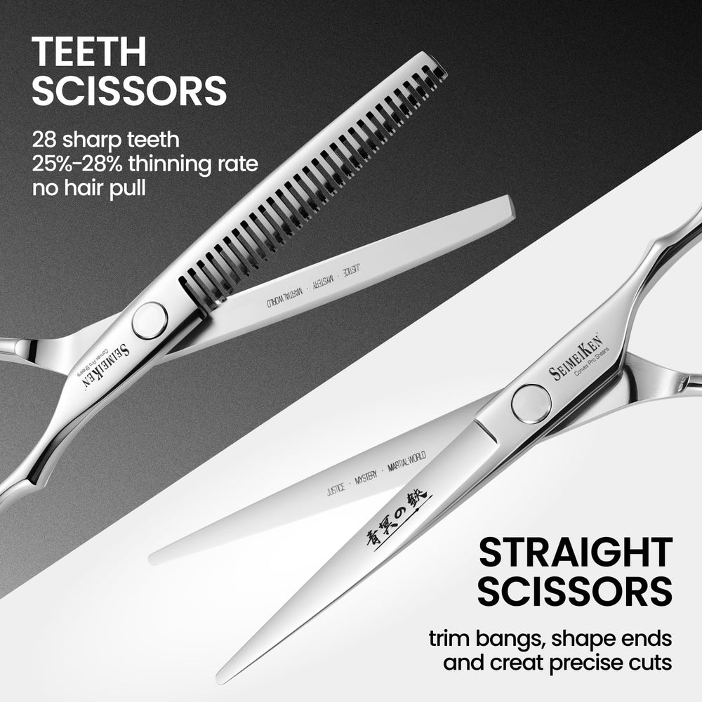 SEIMEIKEN hair cutting scissors kit side view highlights ergonomic grip for comfort.