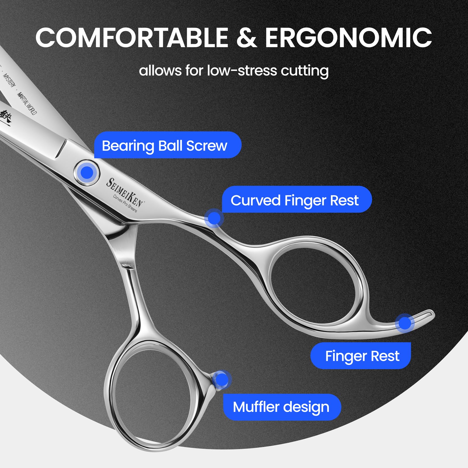 SEIMEIKEN thinning scissors texturizing close-up demonstrates bulk reduction for layering.
