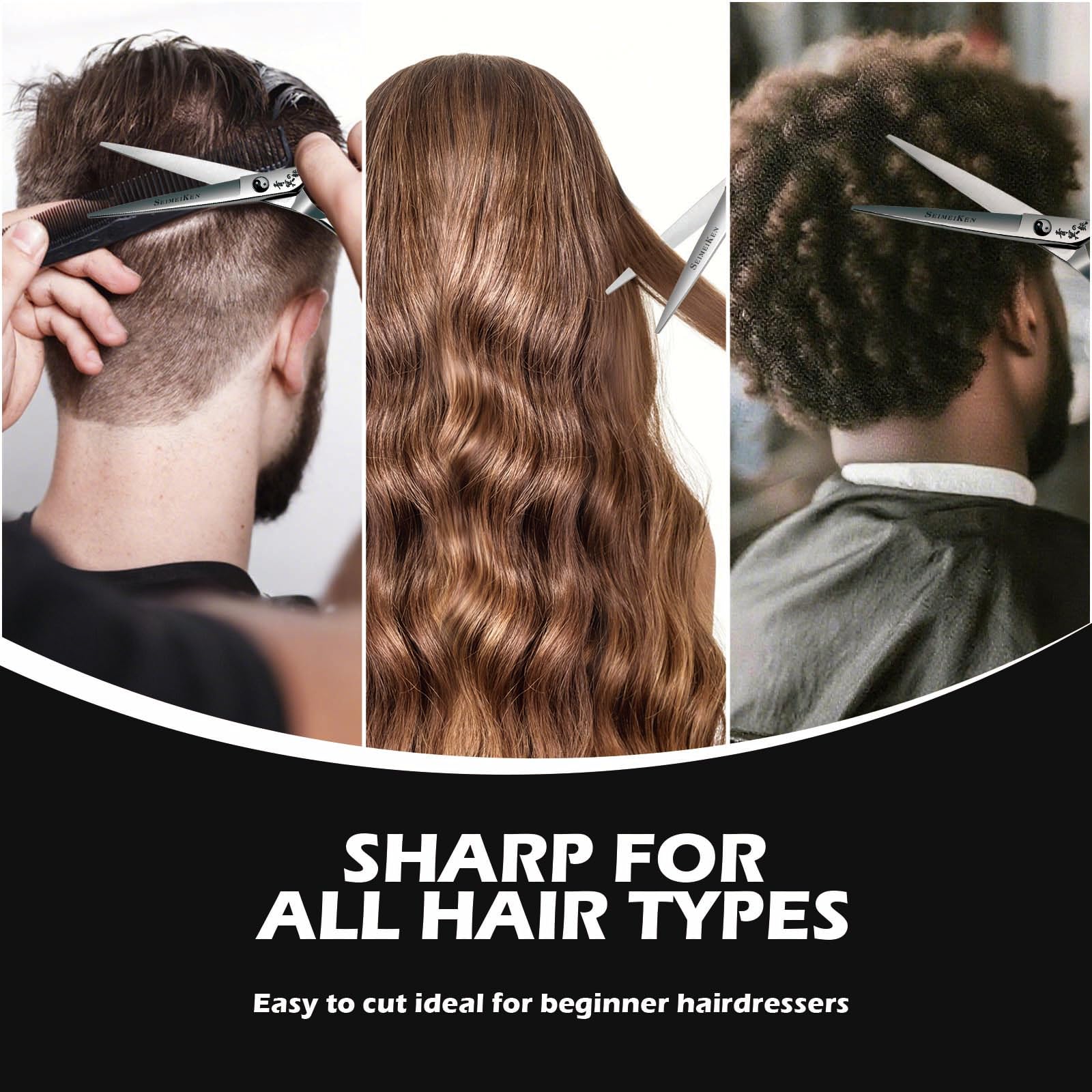 SEIMEIKEN salon home-use scenario image illustrating versatile for slides, blunt cuts, and trims