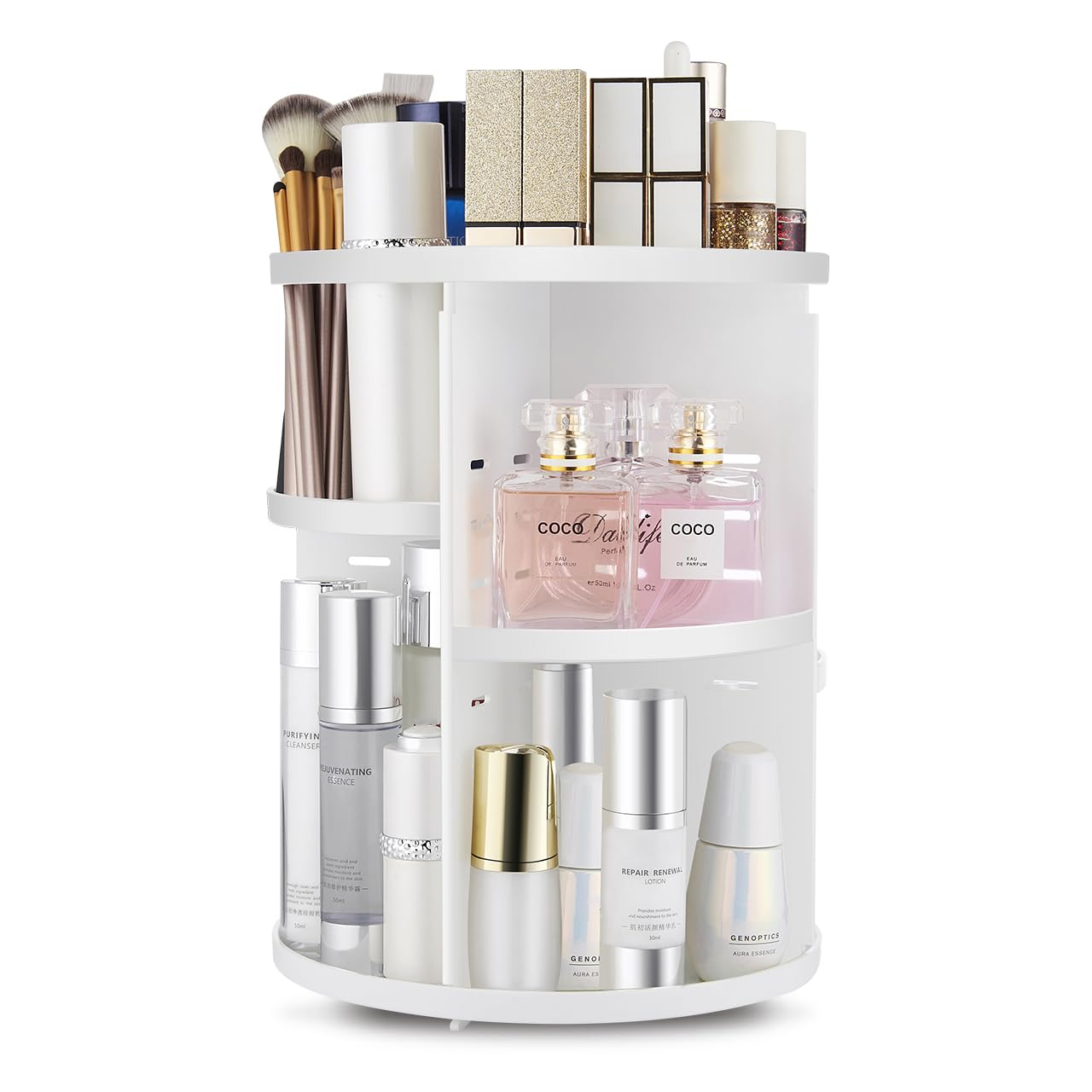seinlife 360 rotating makeup organizer, top view, keeps brushes and cosmetics within easy reach.